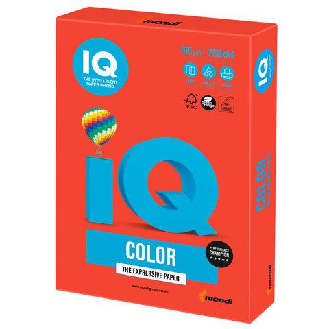 

Бумага цветная IQ color, А4, 160 г/м2, 250 л., интенсив, кораллово-красная, CO44, Красный