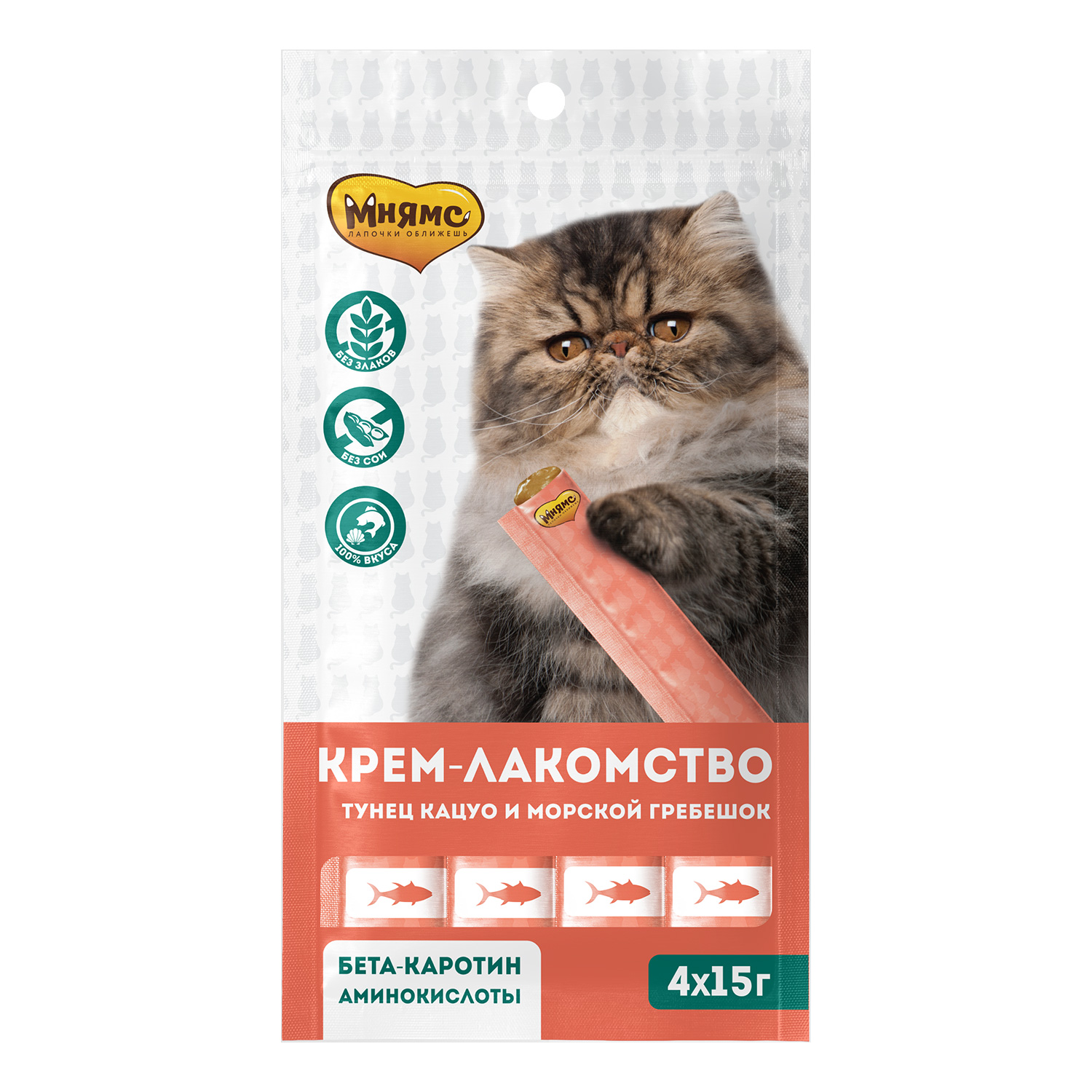 

Лакомство для кошек Мнямс крем, тунец кацуо и морской гребешок, 40 шт по 15 г