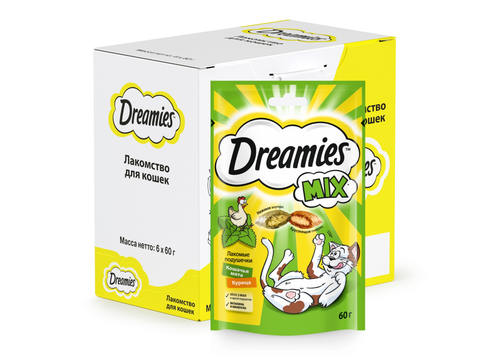 фото Лакомство для кошек dreamies mix, подушечки, с курицей и кошачьей мятой, 6 шт по 60г