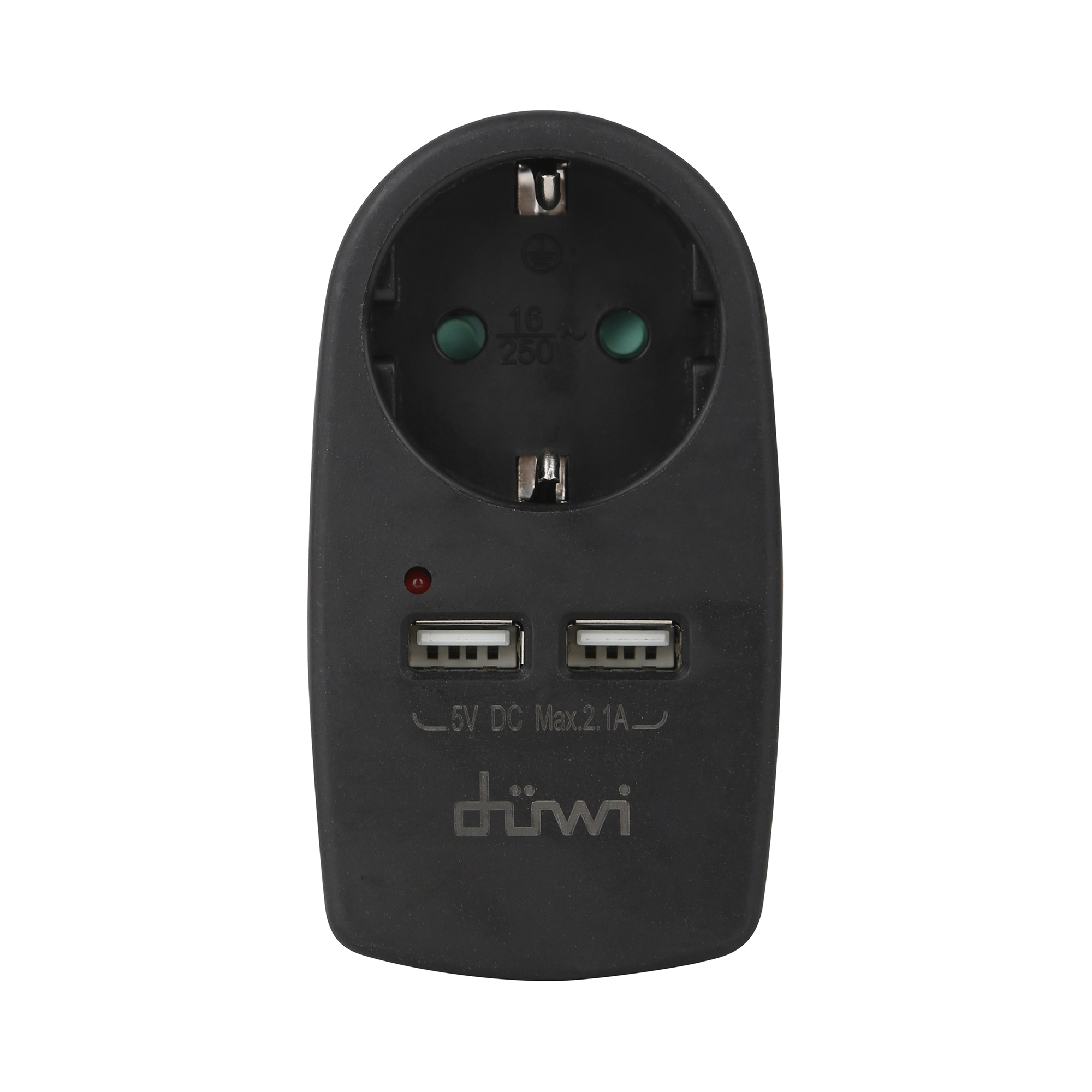 Адаптер розеточный Duwi 1 гнездо + 2 USB порта, с заземлением, черный, 16A, 3500Вт адаптер сетевой apeyron 03 59 24в 36вт ip44 1 5a dc папа 5 5x2 5мм корпус 90 50 30мм