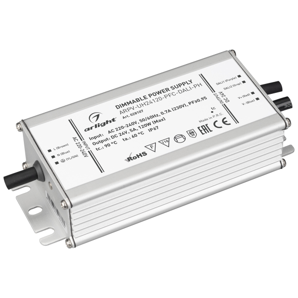 

Блок питания ARPV-UH24120-PFC-DALI-PH (24V, 5.0A, 120W) (ARL, IP67 Металл) Arlight, Белый