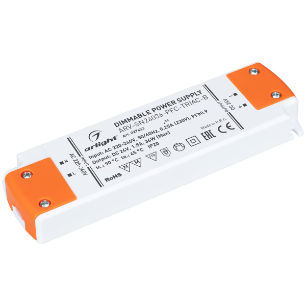 

Блок питания ARV-SN24036-PFC-TRIAC-B (24V, 1.5A, 36W) (ARL, IP20 Пластик) Arlight, Белый