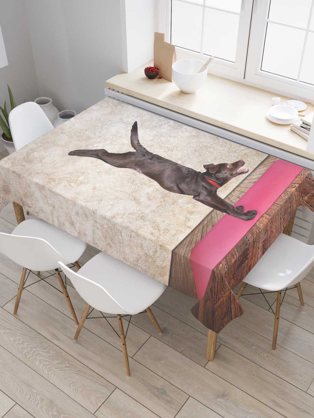 фото Скатерть прямоугольная joyarty на кухонный стол "собака-йог" из оксфорда, 180x145 см