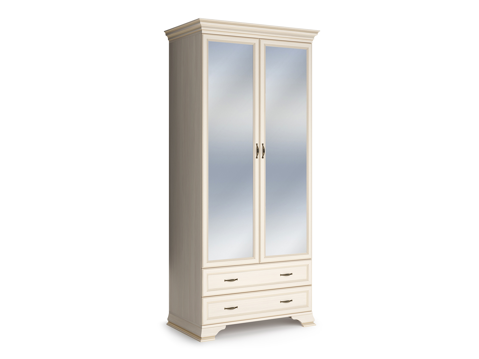 фото Распашной шкаф 2-х дверный сиена бодега белый, патина золото, с двумя зеркалами кураж