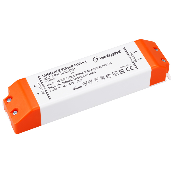 фото Блок питания arj-sp361000-dim (36w, 1000ma, pfc, triac) (arl, ip20 пластик) arlight