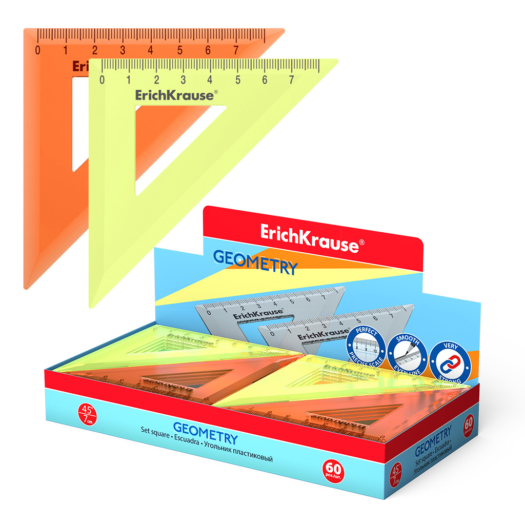 

Угольник пластиковый ErichKrause Neon 61770, 45°, 7см, ассорти в коробке-дисплее по 60 шт, Разноцветный