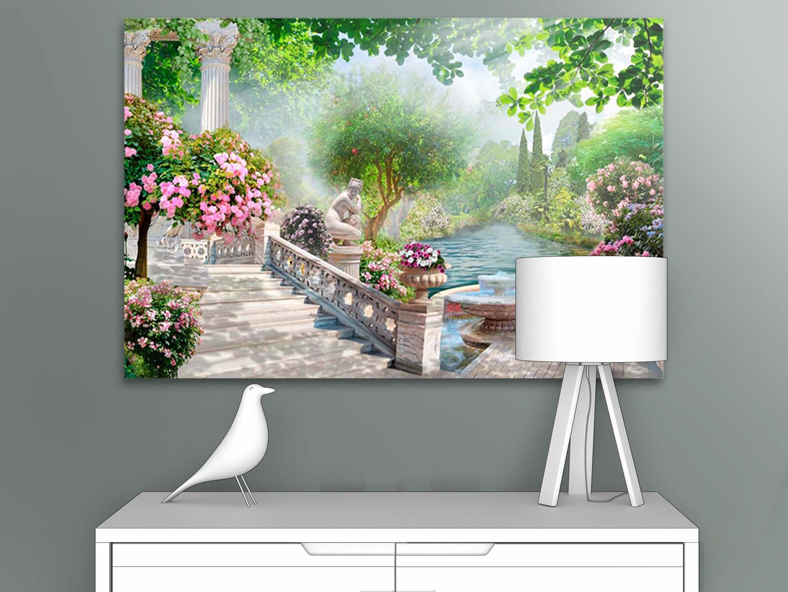 фото Картина на стену для интерьера первое ателье "сад с рекой и фонтанами" 80х53 см
