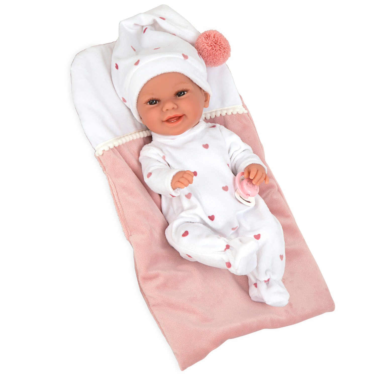 Пупс Arias ELEGANCE винил 33 см в белой одежде и розовым одеялом