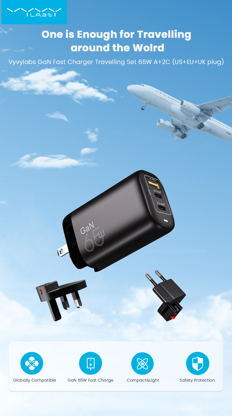 Сетевое зарядное устройство Vyvylabs Travelling Set GaN USB+2Type-C 65W GAN65FST-02 Black