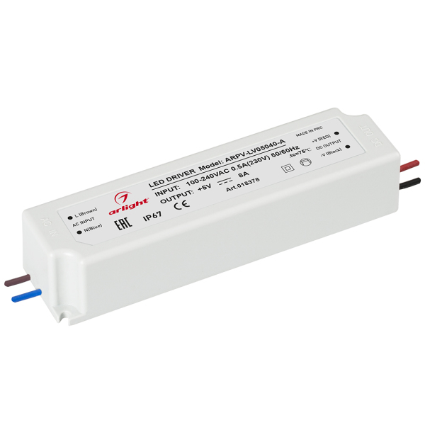 

Блок питания ARPV-LV05040-A (5V, 8.0A, 40W) (ARL, IP67 Пластик) Arlight