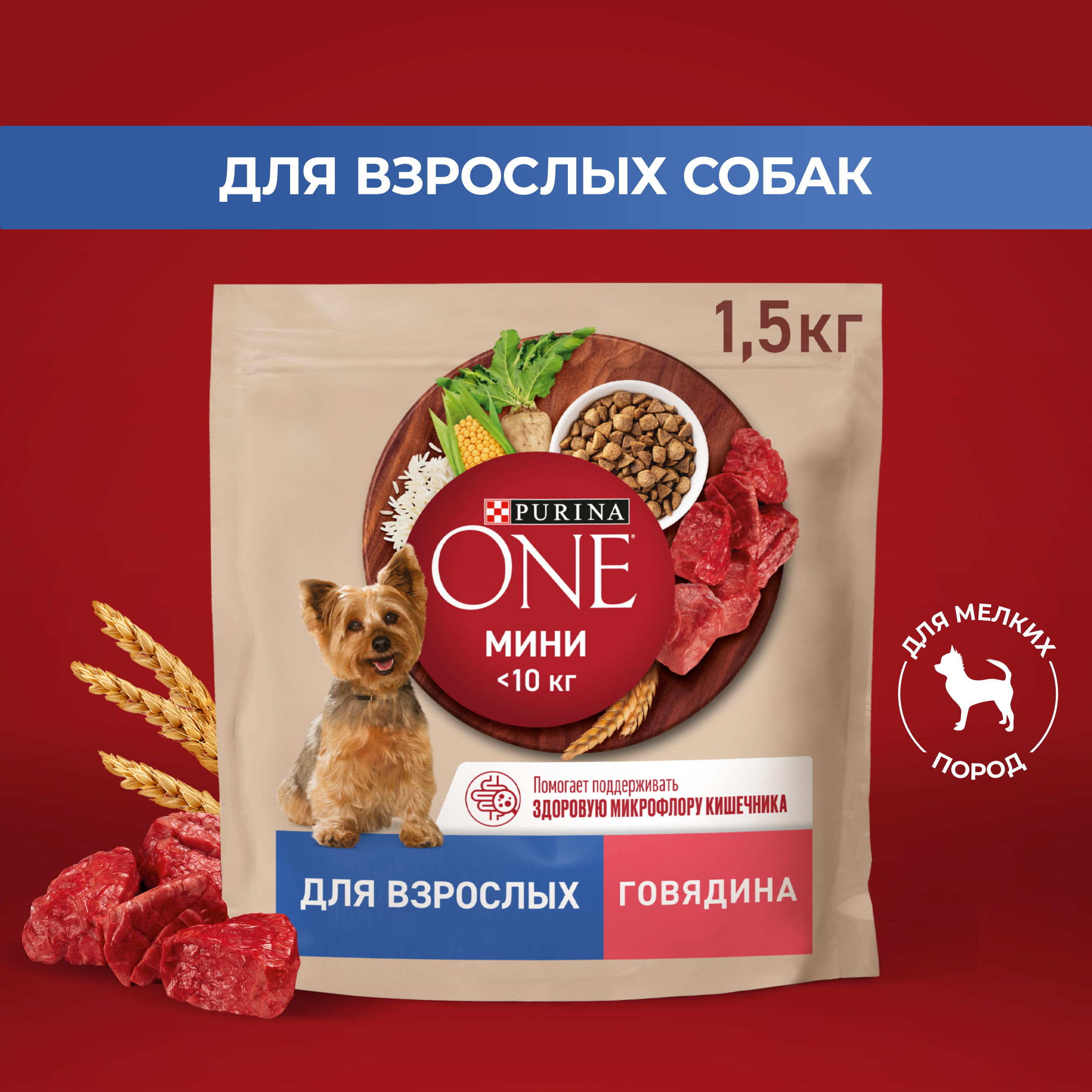 Сухой корм для собак Purina ONE, для мелких и карликовых пород, говядина,рис, 1,5 кг