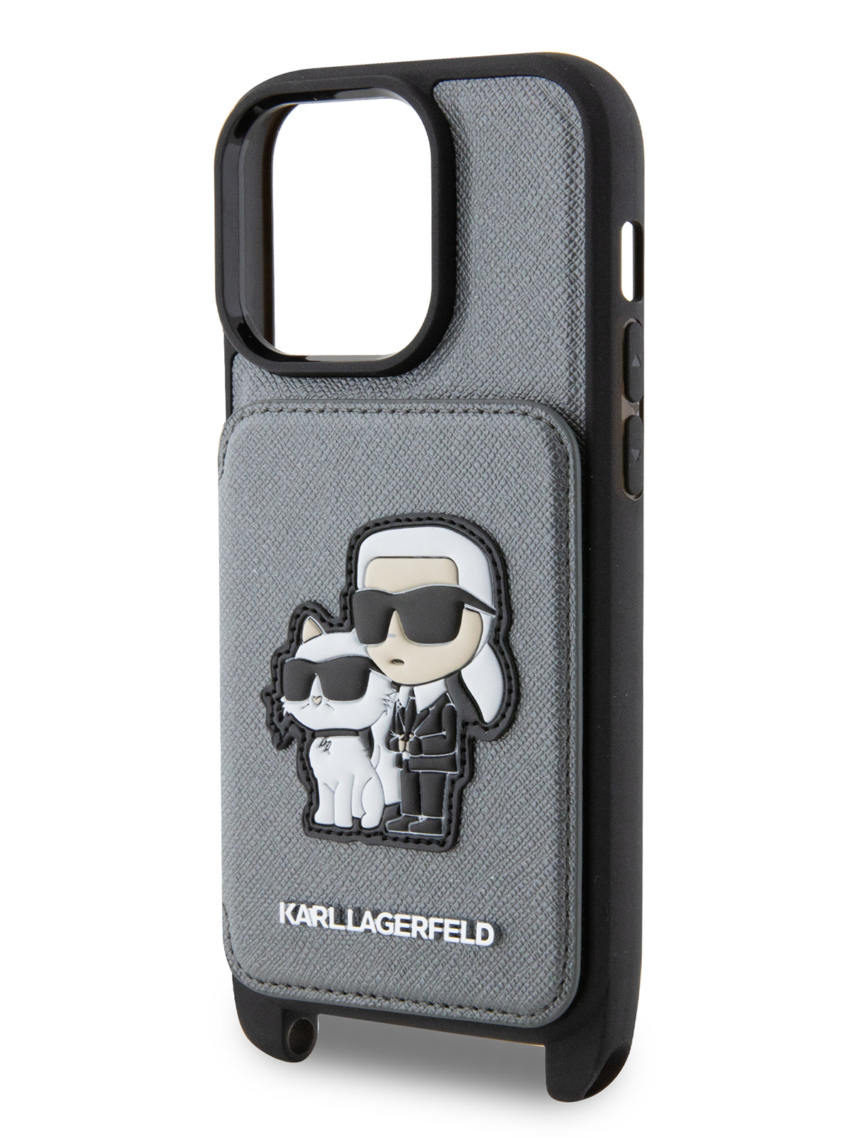 Чехол Karl Lagerfeld для iPhone 15 Pro Max с ремнем и карманом для карт Hard Silver