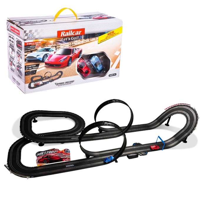 

КНР Гонки на суперкарах, с 2 машинами, пульт ручной генератор, работает от сети, Черный