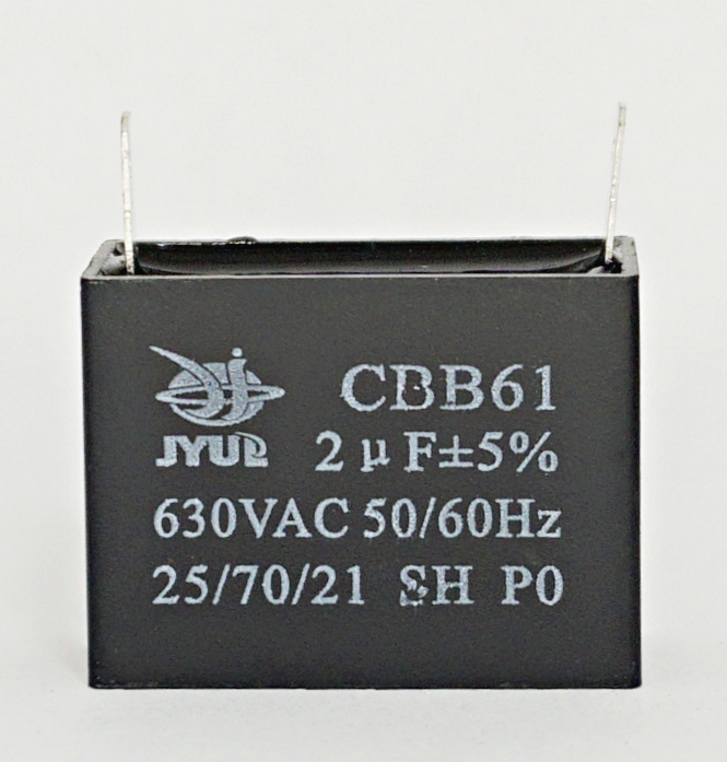 

2 мкф 630В(37х28х17) 5% с клеммами CBB-61 Конденсатор пусковой, 2мкФ/630В клем
