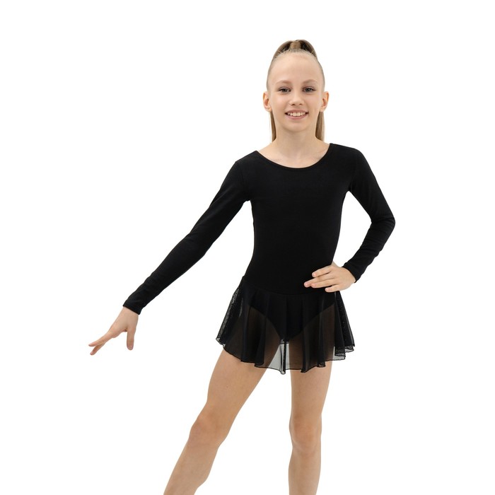 Купальник для хореографии х/б, длинный рукав, юбка-сетка, размер 34, цвет чёрный