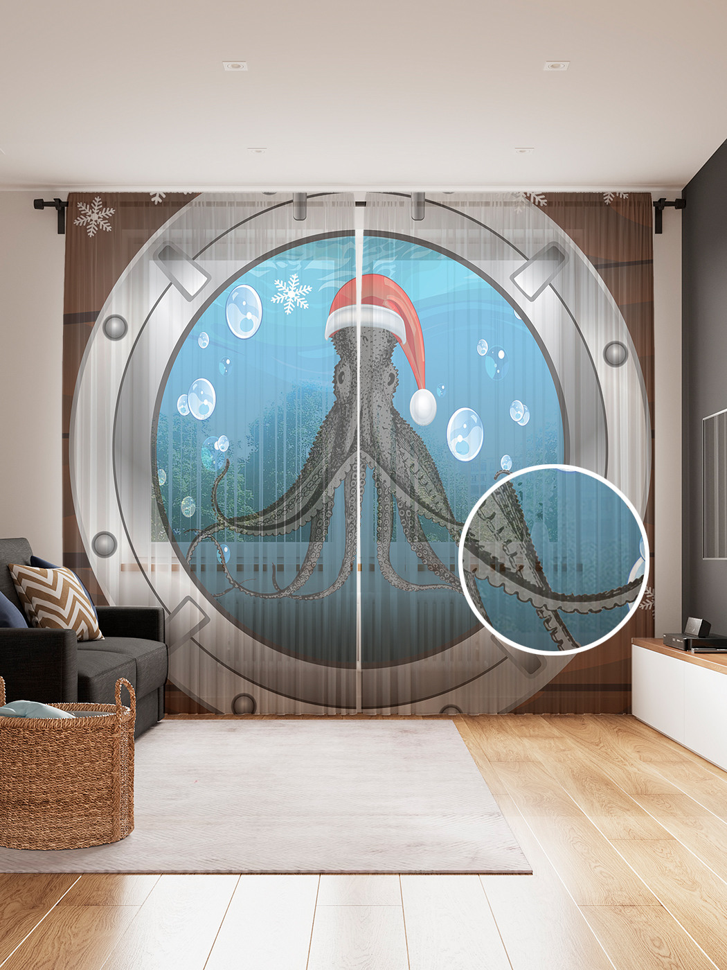 

Фототюль JoyArty "Празничный осминог в илюминаторе" 145x265см, Празничный осминог в илюминаторе