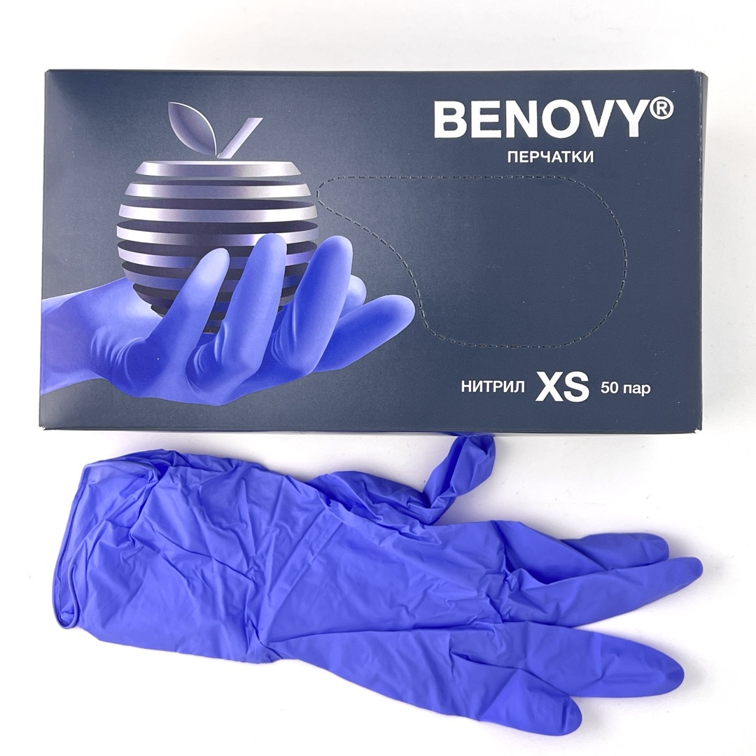 Перчатки Benovy Nitrile MultiColor BS нитриловыесиренево-голубые XS 50 пар 3,5 г перчатки нитриловые benovy nitrile multicolor bs черные р s 50 пар