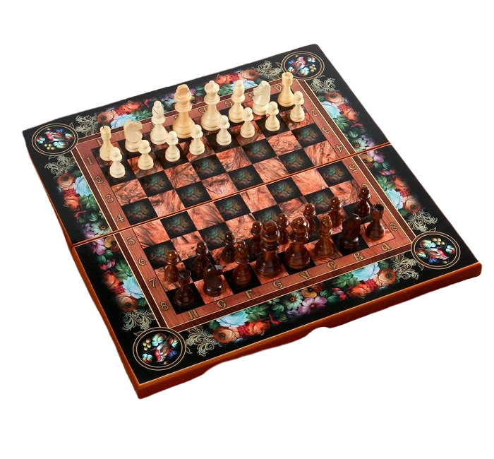 фото Настольная игра 3в1 цветы: шахматы, шашки, нарды доска дерево 50х50 см nobrand