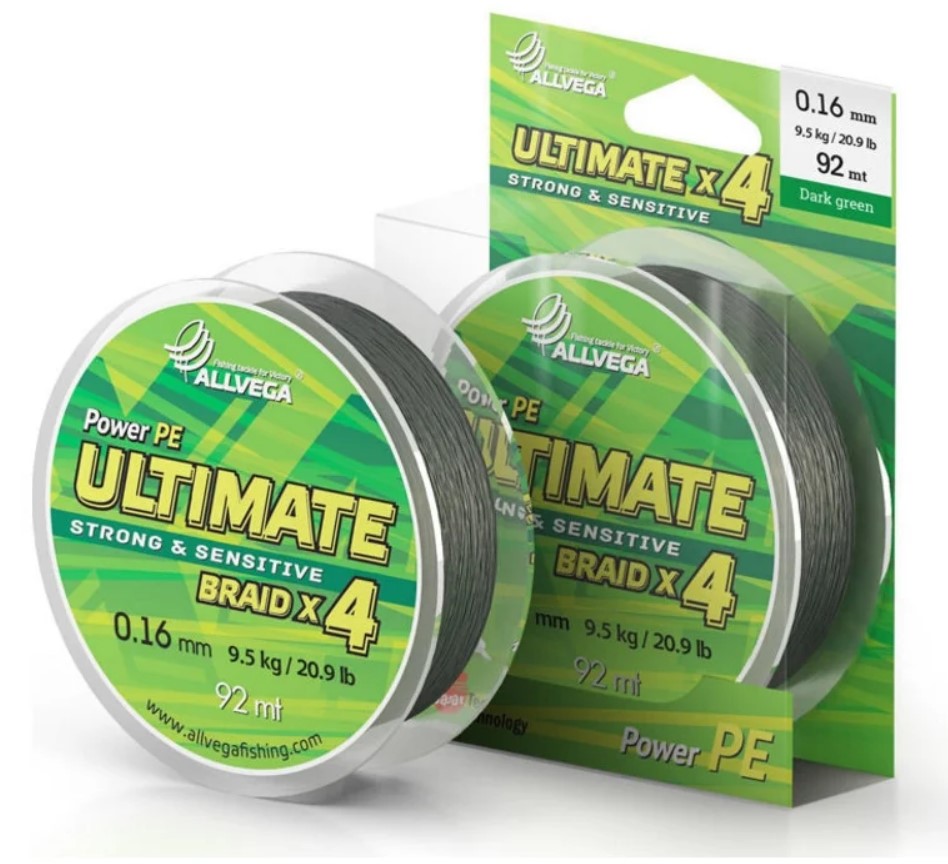 

Плетеный шнур Allvega Ultimate 92м, 0.16мм (9.5кг) (тёмно-зелёный), Зеленый, Ultimate