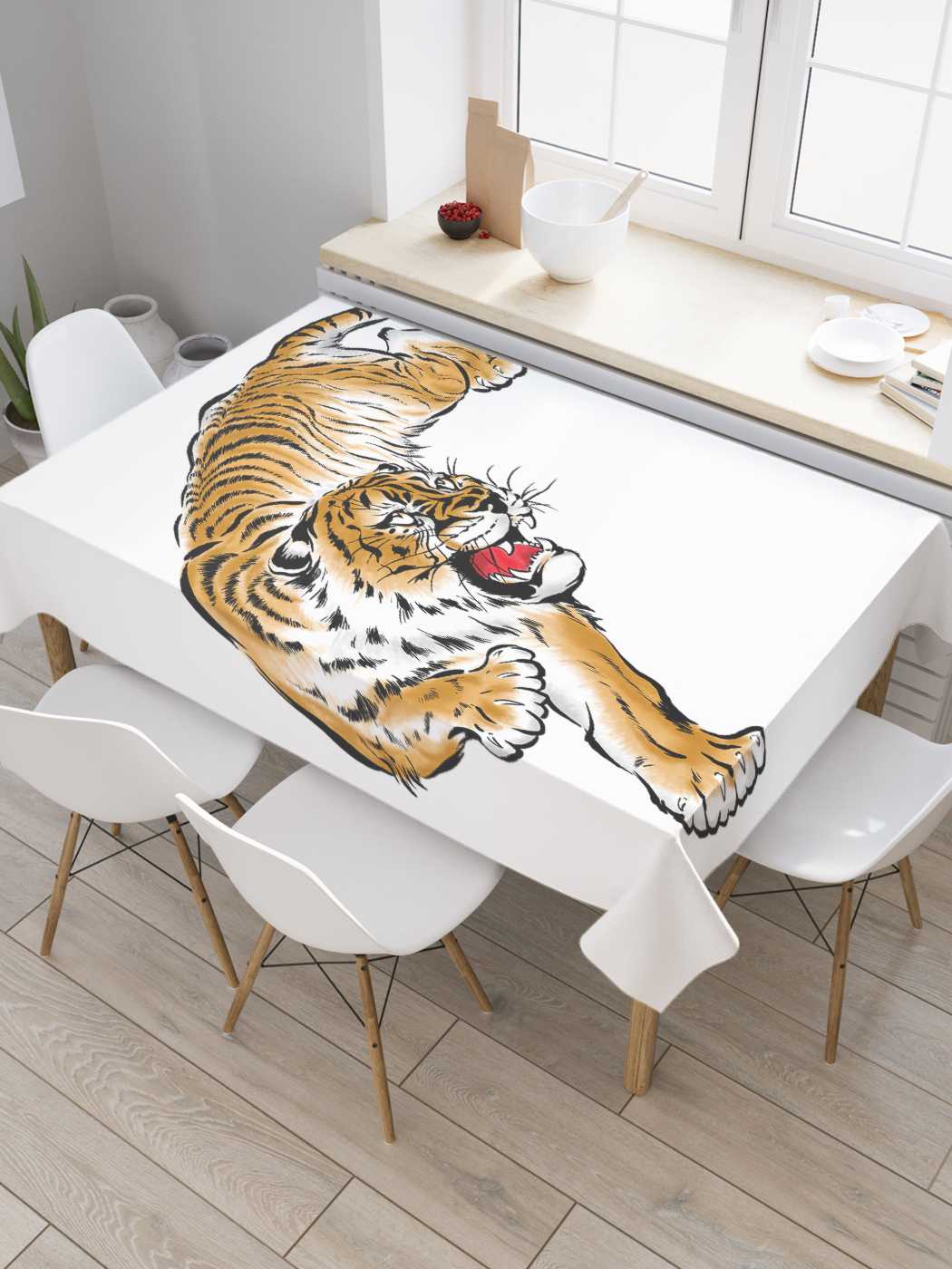 фото Скатерть прямоугольная joyarty "тигр на охоте" из оксфорда, 180x145 см