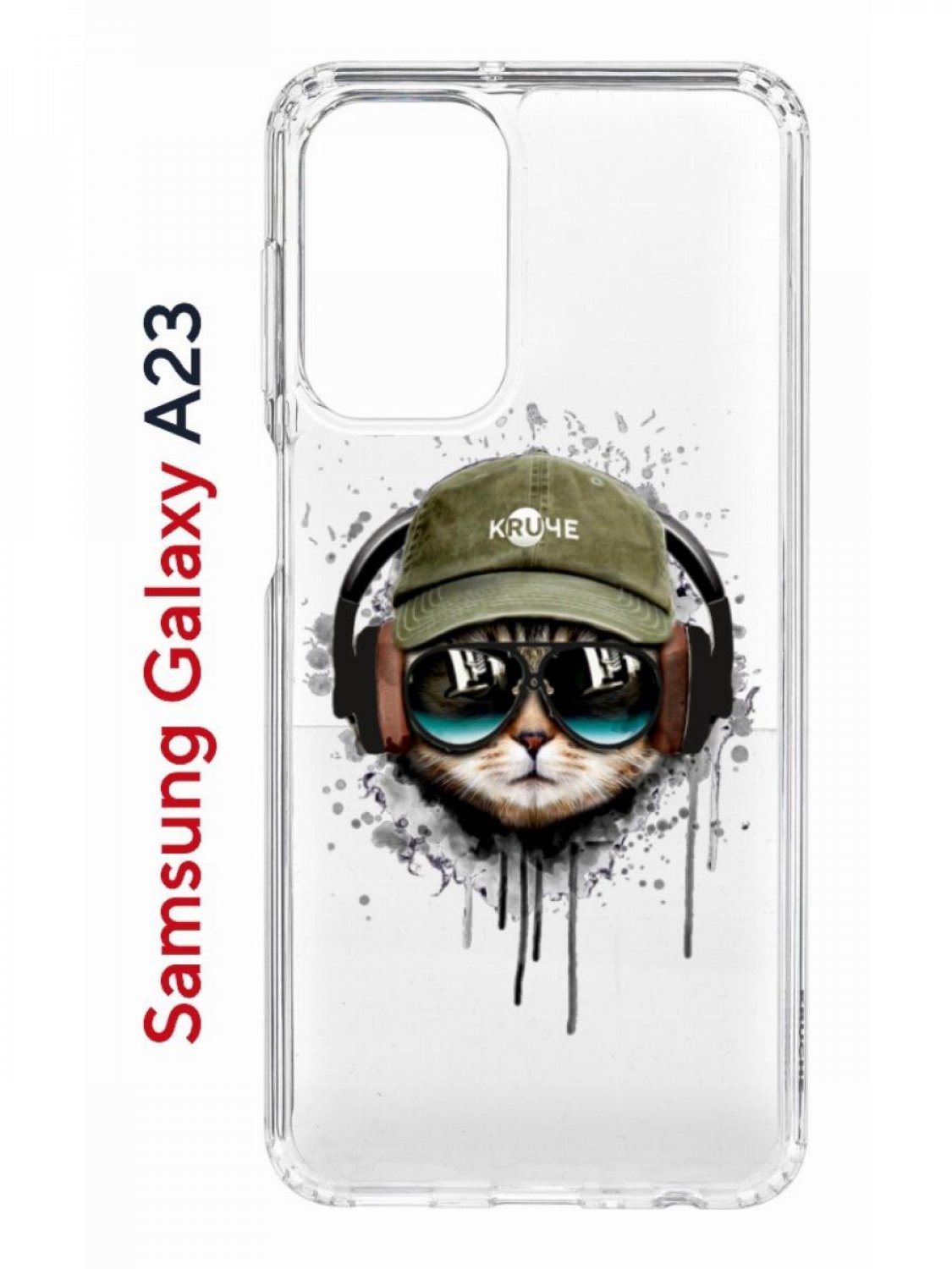 Чехол на Samsung A23 Kruche Print Кот в наушниках, противоударный бампер, с защитой камеры