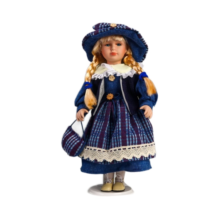 фото Кукла коллекционная кнр керамика, сашенька в ярко-синем наряде в клетку 40 см