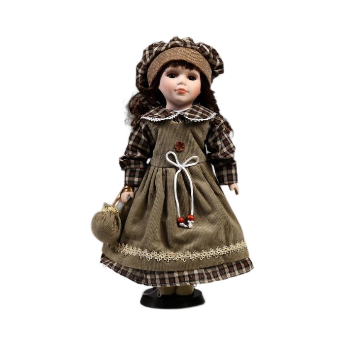 фото Кукла коллекционная кнр керамика, ника в оливковом сарафане и платье в клетку 30 см