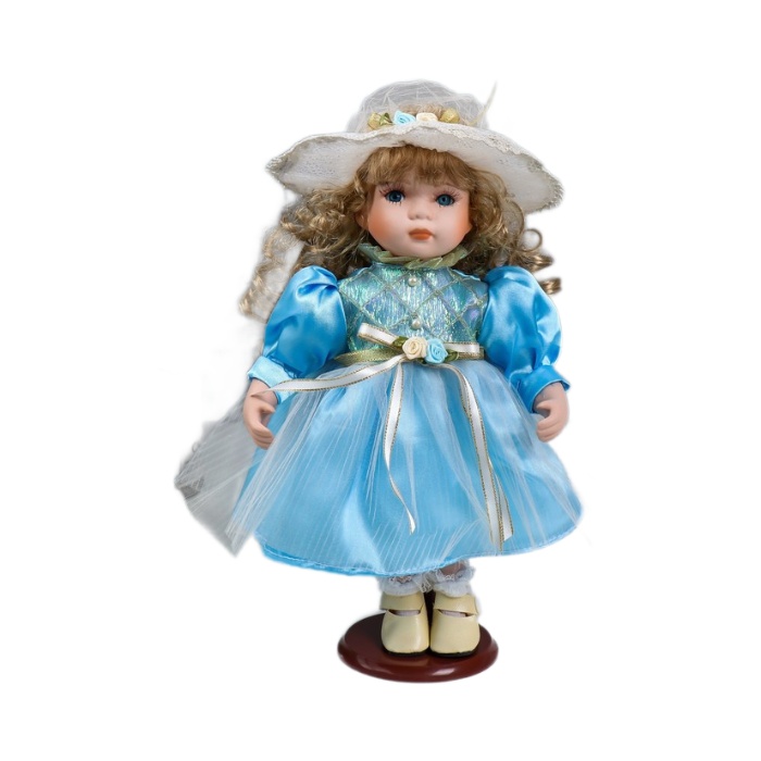 Кукла коллекционная КНР керамика, Наташа в нежно-голубом платье в шляпке 30 см сувенир колокольчик кукла с караваем гжель 11см керамика