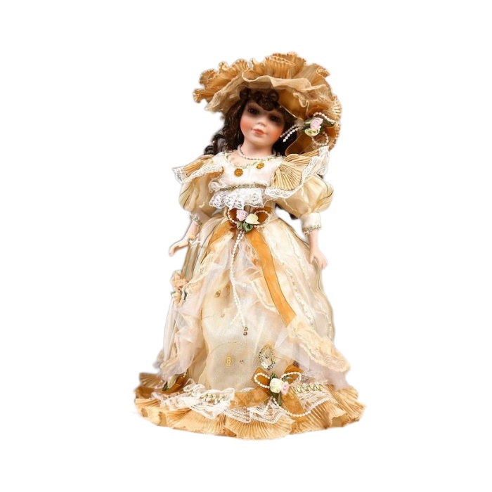 фото Кукла коллекционная кнр керамика, мэри в желто-кофейном платье 40 см