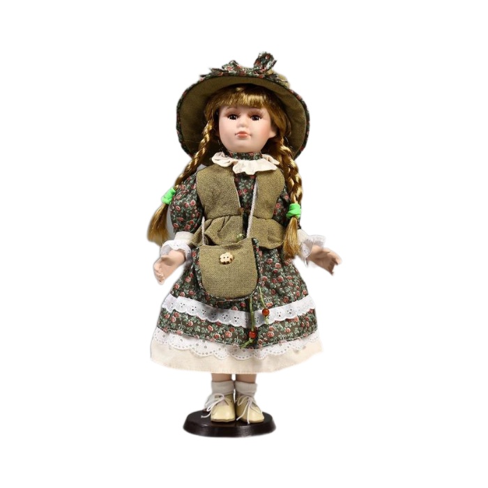 Кукла коллекционная КНР керамика, Маша в зеленом платье в цветочек 40 см