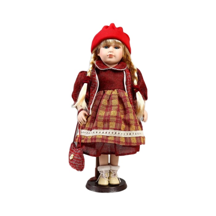 фото Кукла коллекционная кнр керамика, марина в бордовом платье в клетку 40 см