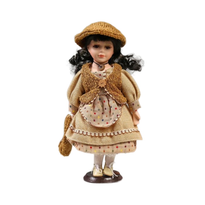 фото Кукла коллекционная кнр керамика, лена в бежевом платье и бежевом жилете 30 см