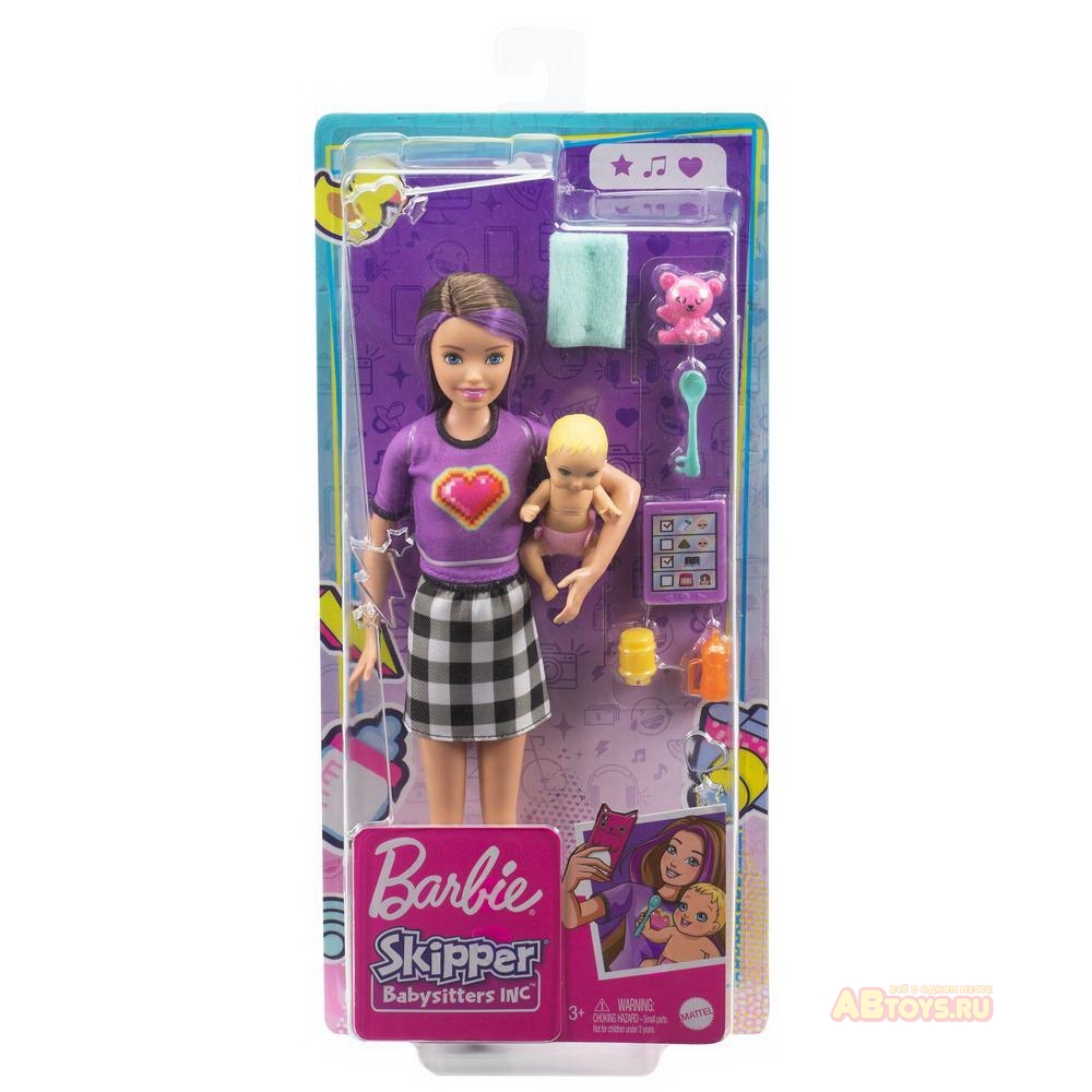 

Куклы Barbie Barbie Скиппер, Няня в клетчатой юбке, с малышом и аксессуарами, GRP11