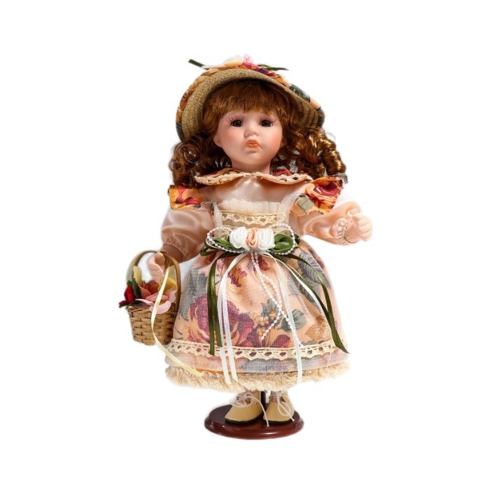 Кукла коллекционная КНР керамика, Клара в платье с розами, шляпке и с корзинкой 30 см кукла коллекционная керамика олеся в платье и шляпке в клетку 30 см