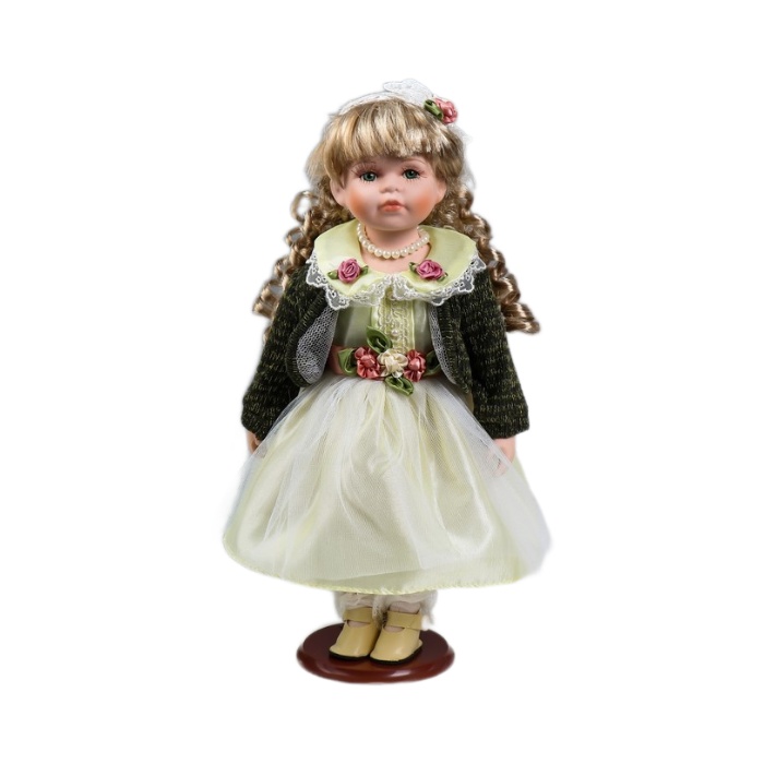 фото Кукла коллекционная кнр керамика, катенька в зеленоватом платье и зеленом кардигане 40 см