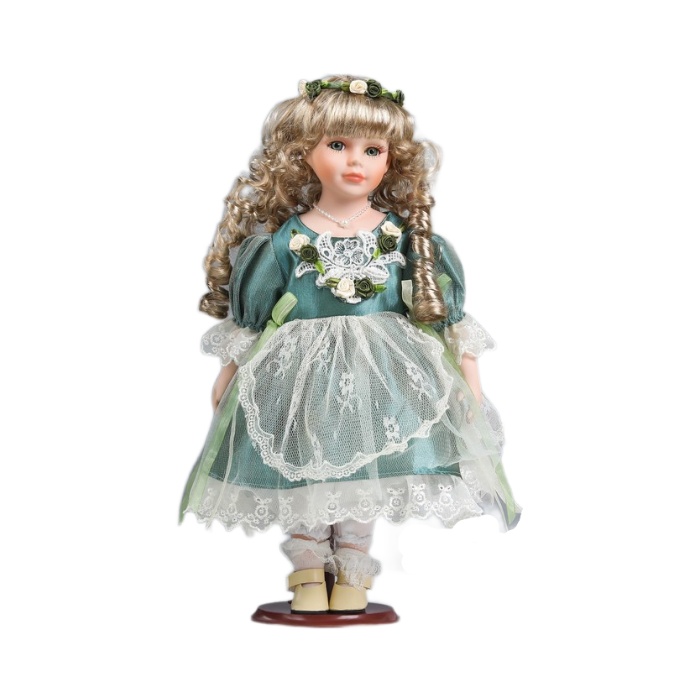 фото Кукла коллекционная кнр керамика, зоя в зеленом платье с кружевом 40 см