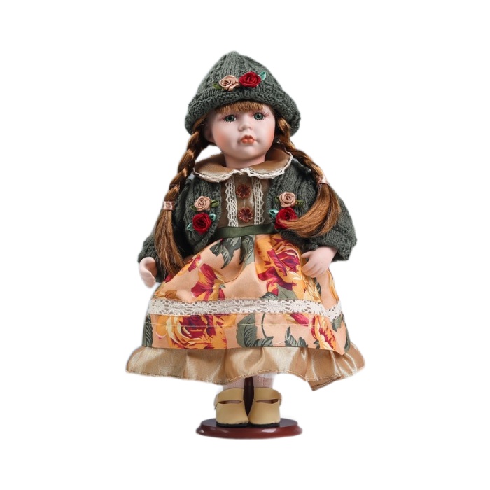 Кукла коллекционная КНР керамика, Даша в платье с цветами, в зеленой кофточке 30 см кукла коллекционная керамика тося в платье с мелкими очками с бантом в волосах 30 см
