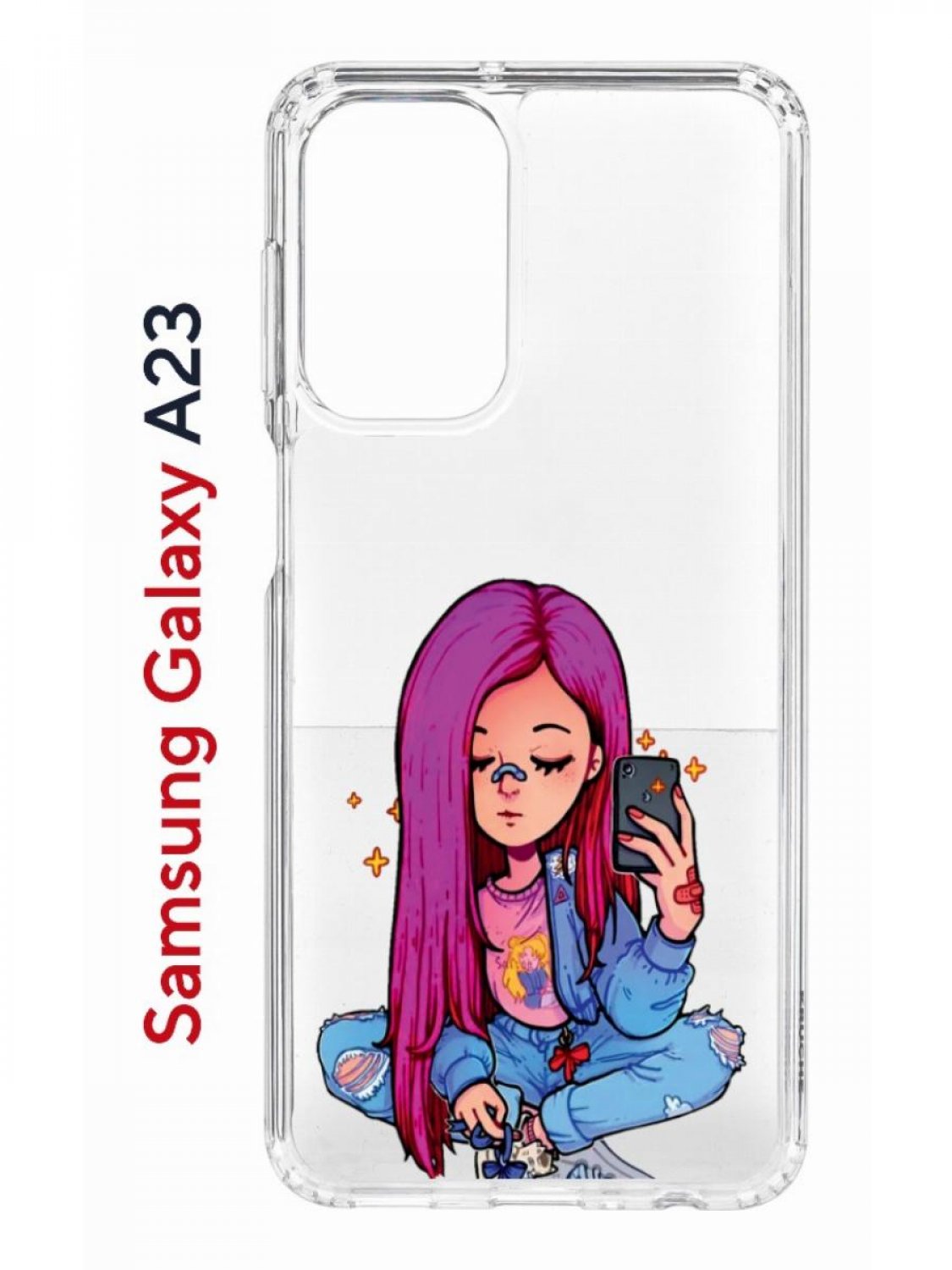 

Чехол на Samsung A23 Kruche Print Pink Hair, противоударный бампер, с защитой камеры, Прозрачный;розовый;голубой;бежевый, Самсунг Галакси А23