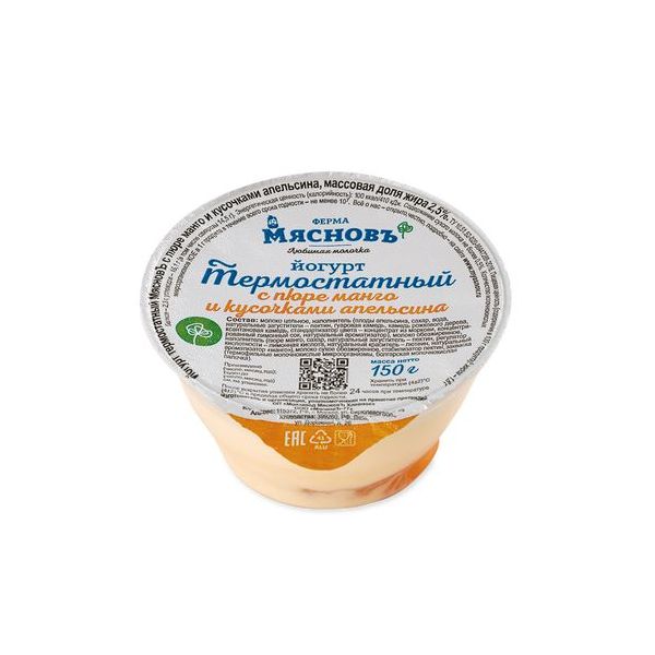 

Йогурт МясновЪ ФЕРМА термостатный с пюре манго и кусочками апельсина 2,5% 150 г