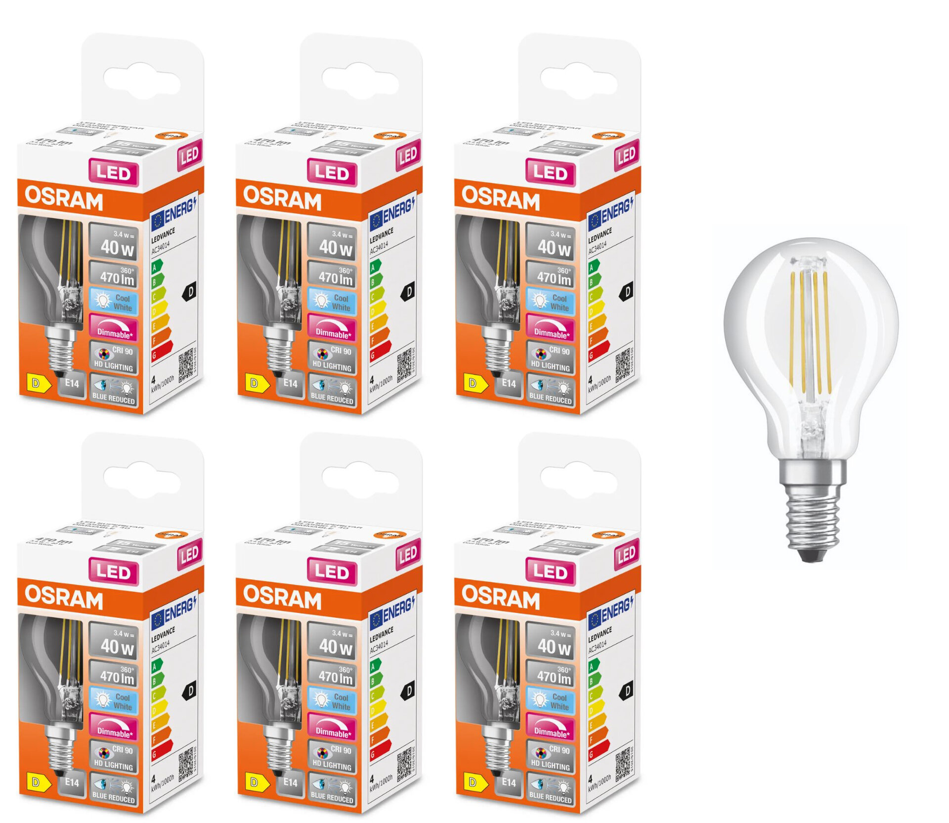 

Лампочка светодиодная Osram 3.4W=40W 220V E14 Шарик прозрачный G45 470Лм 4000K упак. 6шт, 3.4W=40W 220V E14 Шарик прозрачный G45 470Лм Диммируемая Филамент 4000K