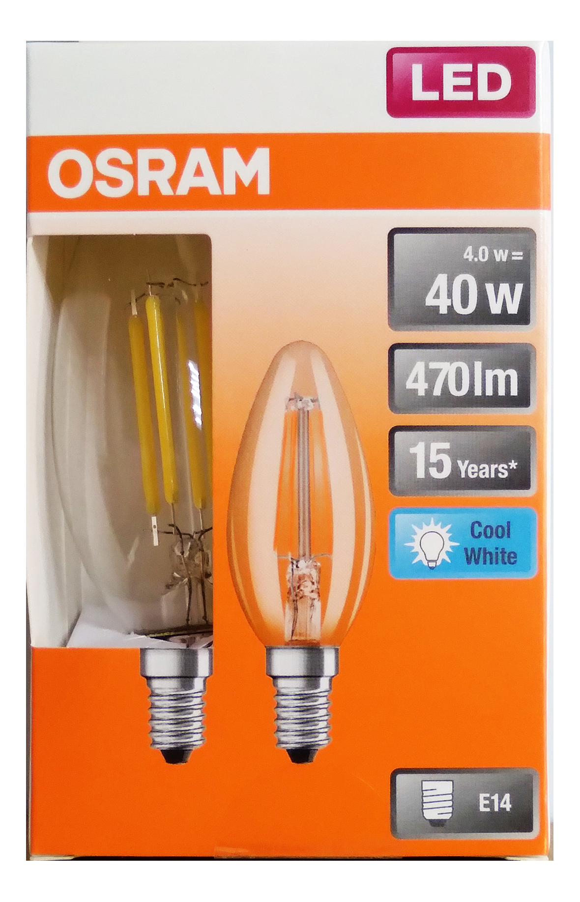 

Лампочка светодиодная OSRAM B E14 4Вт 220В 470Лм 4000К Дневной белый (2шт/уп), упак. 1шт, Экопак Свеча B E14 4Вт 220В 470Лм 4000К Филамент