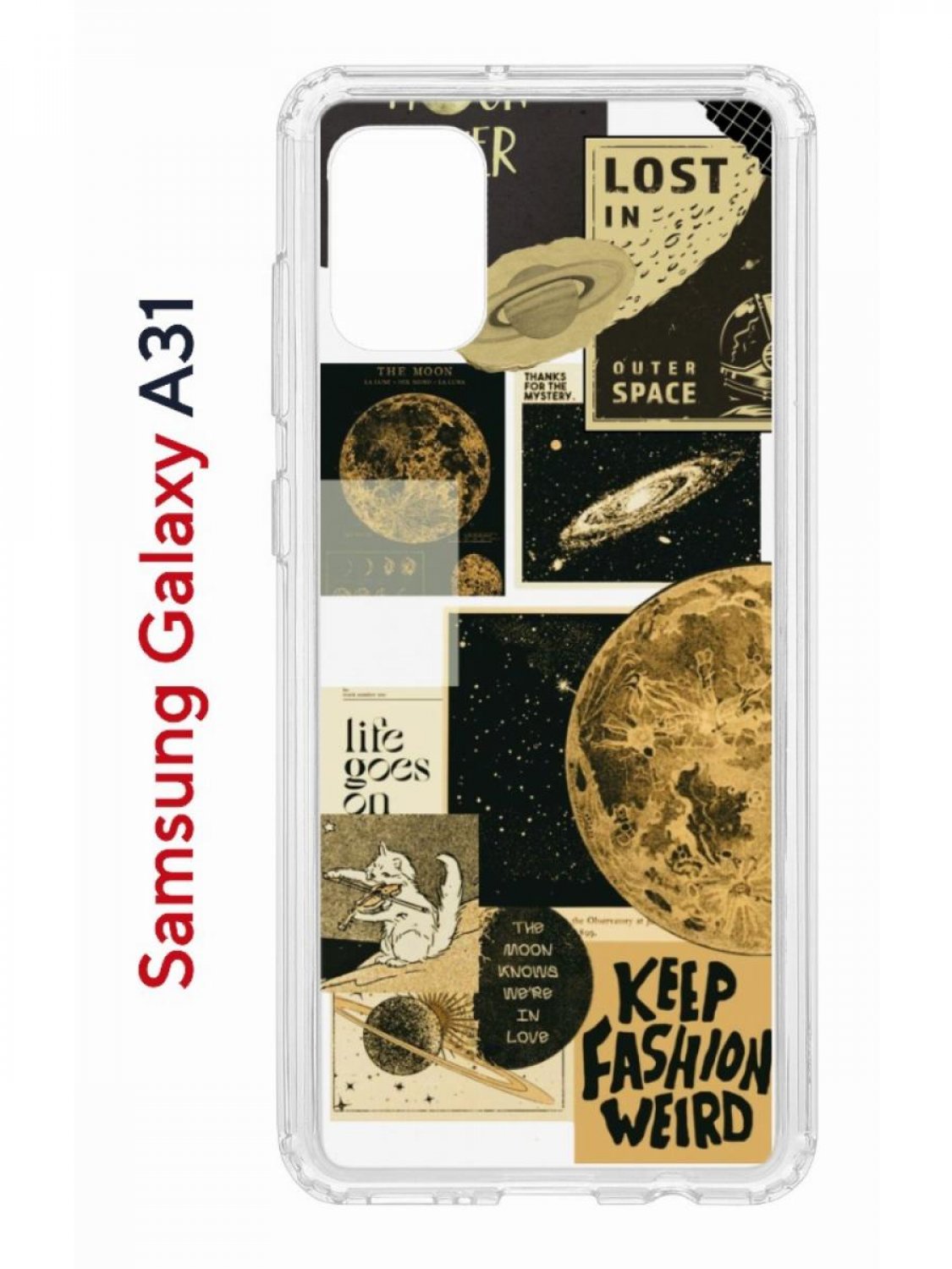 

Чехол на Samsung A31 Kruche Print Стикеры Космос, противоударный бампер, с защитой камеры, Прозрачный;коричневый;черный;бежевый, Самсунг Галакси А31