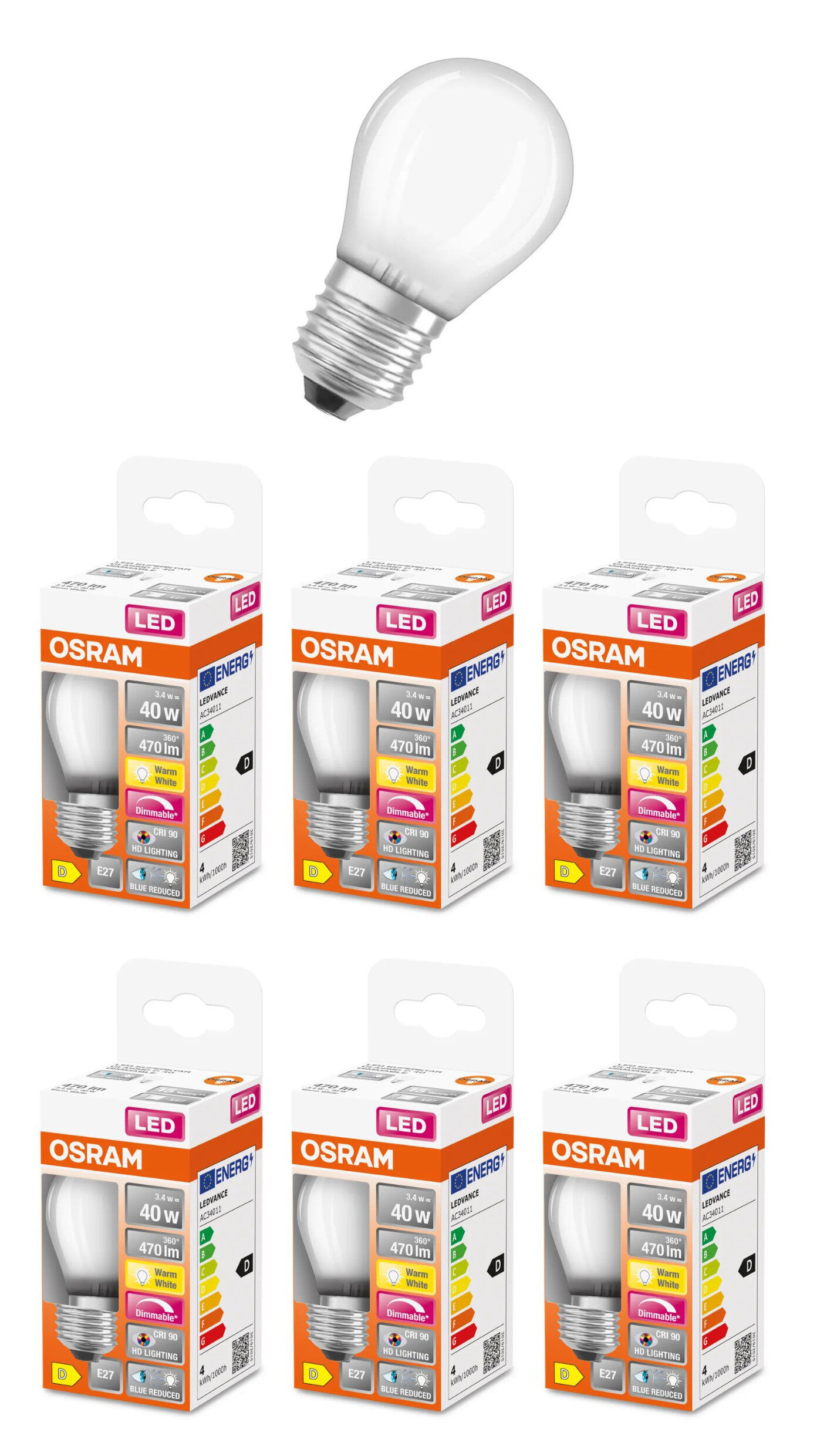 

Лампочка светодиодная Osram 3.4W=40W 220V E27 Шар G45 470Лм Диммируемая 2700K, упак. 6шт, 3.4W=40W 220V E27 Шарик матовый G45 470Лм Диммируемая Филамент 2700K