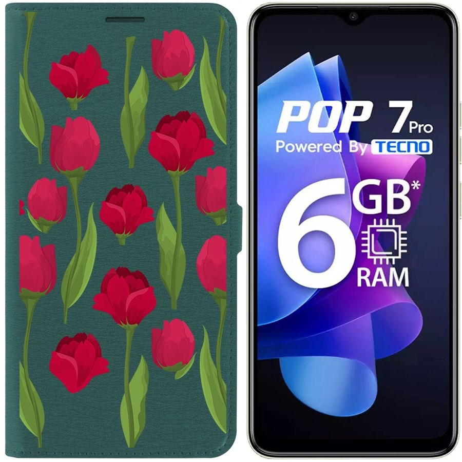 

Чехол-книжка Eco Book для Tecno Pop 7 Pro Розы паттерн, Зеленый