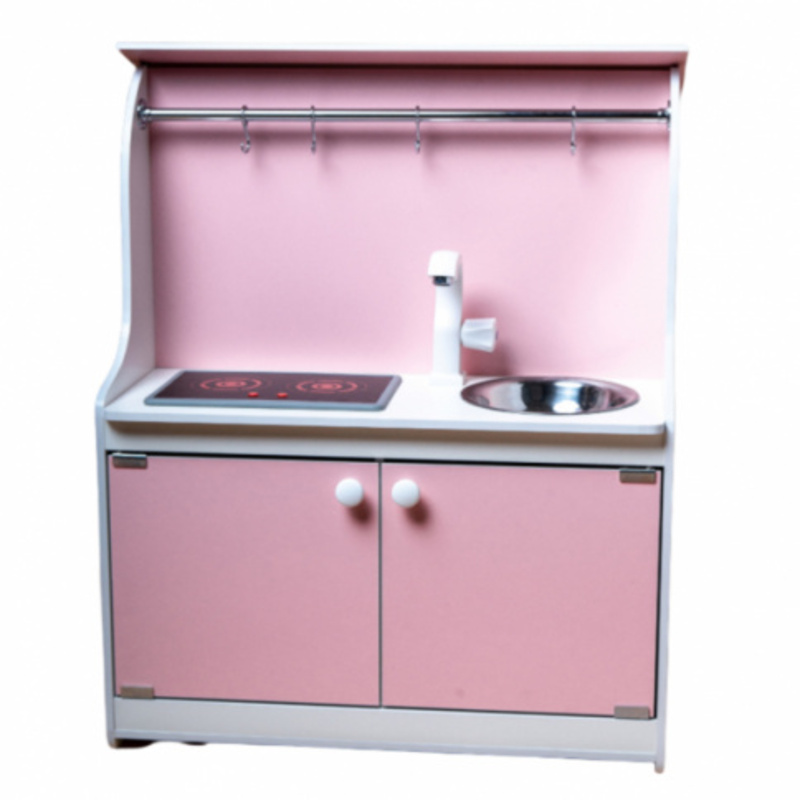 фото Детская кухня-домик sitstep 2 в 1, интерактивная плита со звуком и светом, розовые фасады