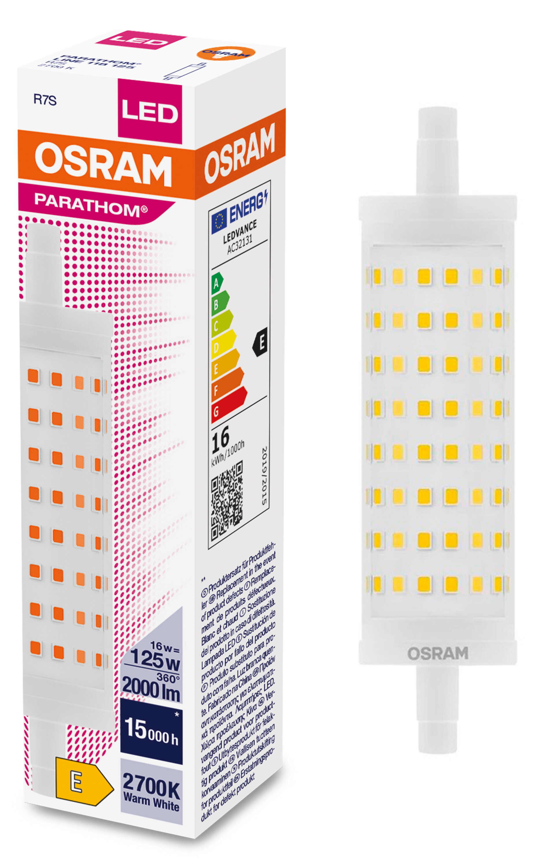 

Лампочка светодиодная OSRAM двухцокол R7s 188mm R7s 16Вт 220В 2000Лм 2700К Тепл белый 1шт, Трубка линейная двухцокольная R7s 188mm R7s 16Вт 220В 2000Лм 2700К