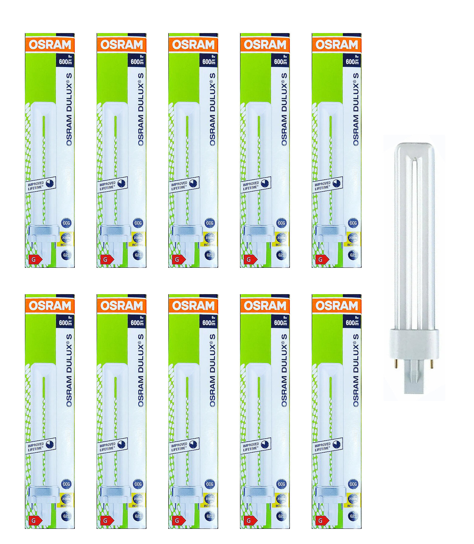 

Лампочка энергосберегающая OSRAM U-образная 1U G23 9Вт 220В 600Лм 2700К Теплый белый 10шт, U-образная 1U G23 9Вт 220В 600Лм 2700К