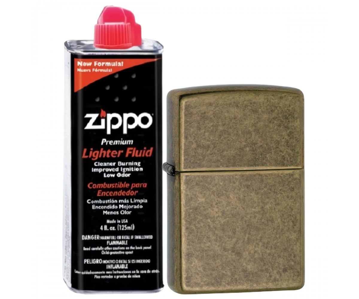 

Бензиновая зажигалка ZIPPO 201FB Antique Brass + бензин Zippo 125 мл 201FB-3141, Золотистый