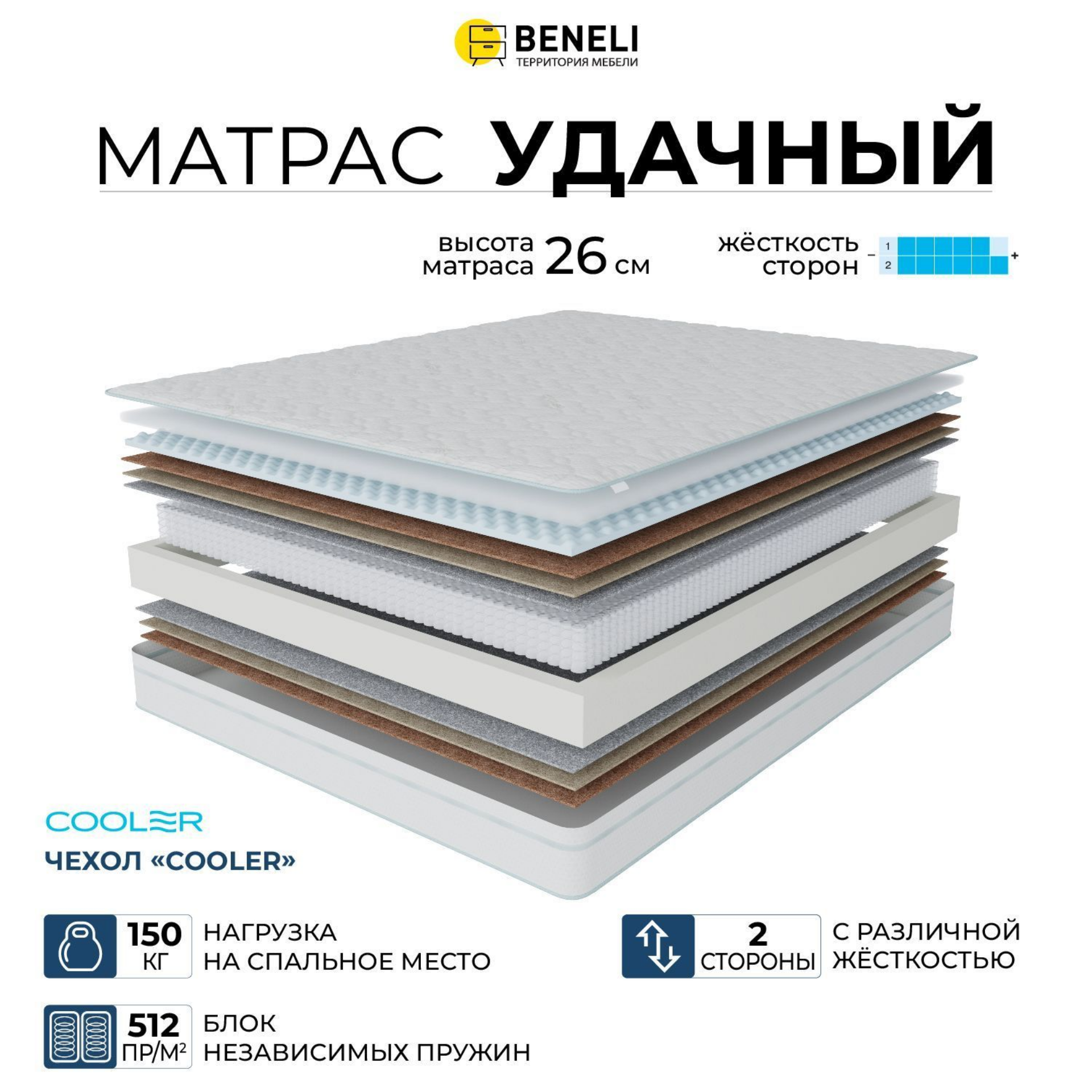 

Ортопедический матрас Beneli Удачный в чехле Кулер, двусторонний, 180х200, Белый, УДАЧНЫЙ матрас