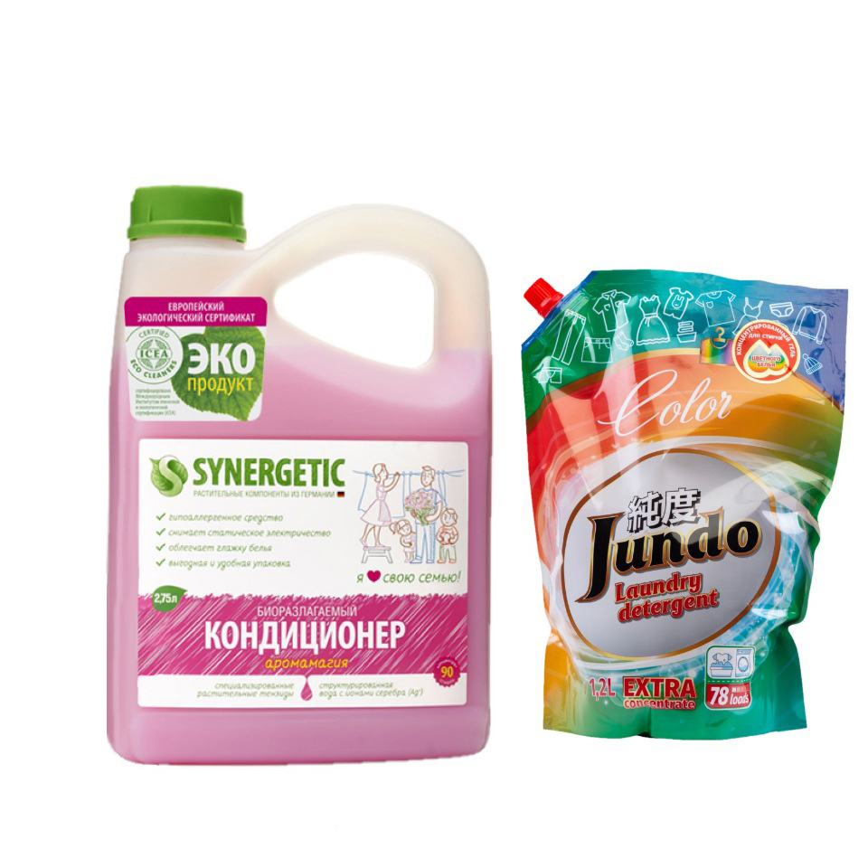 

Кондиционер д/белья Synergetic Аромамагия 2,75л+Гель д/цвет.белья Jundo Color 1,2л